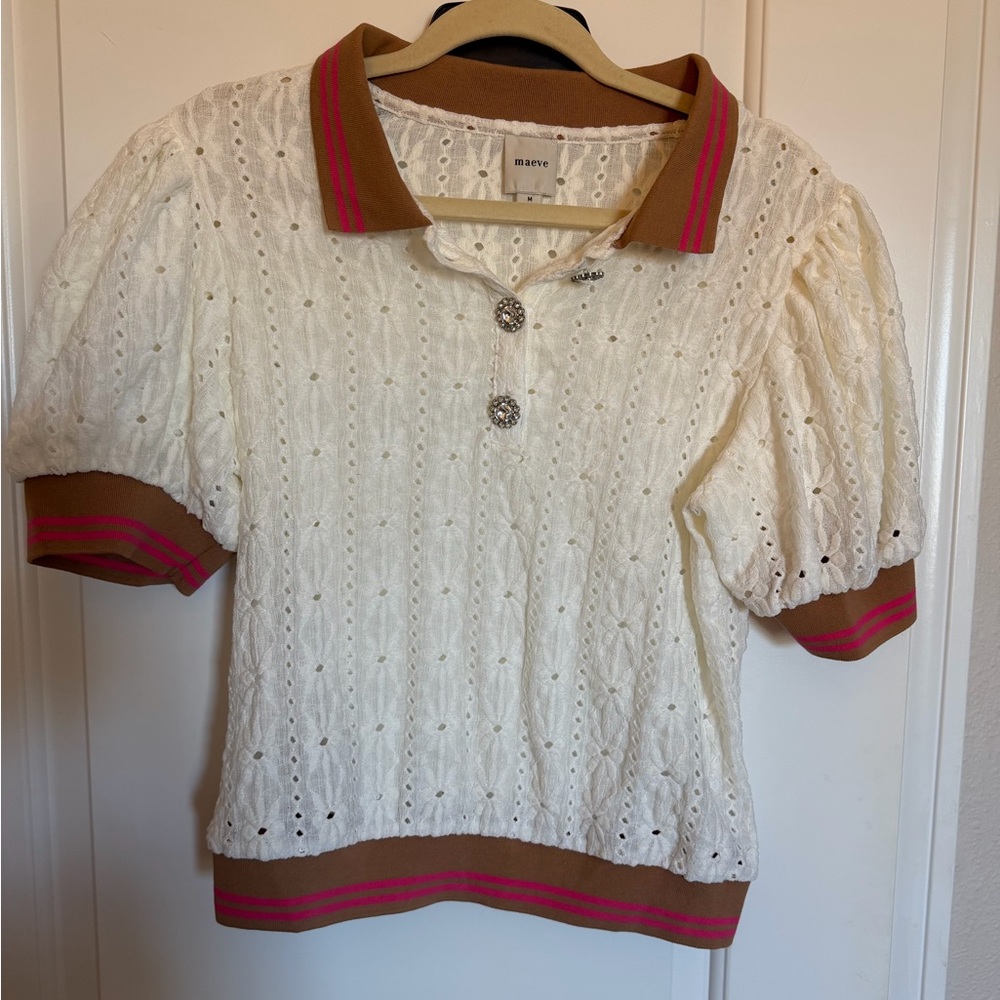Like new Maeve Anthropologie lace polo shirt top medium rhinestone